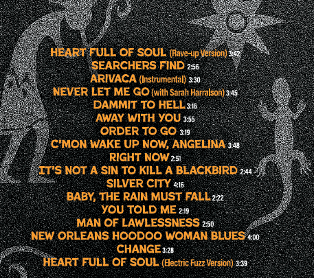 Music album tracklist with decorative background.