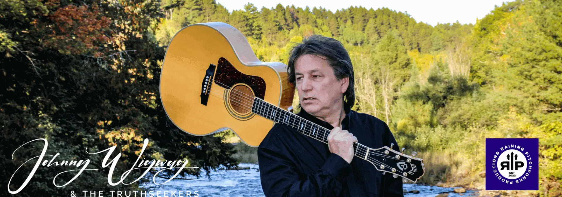 Man with guitar in nature background.